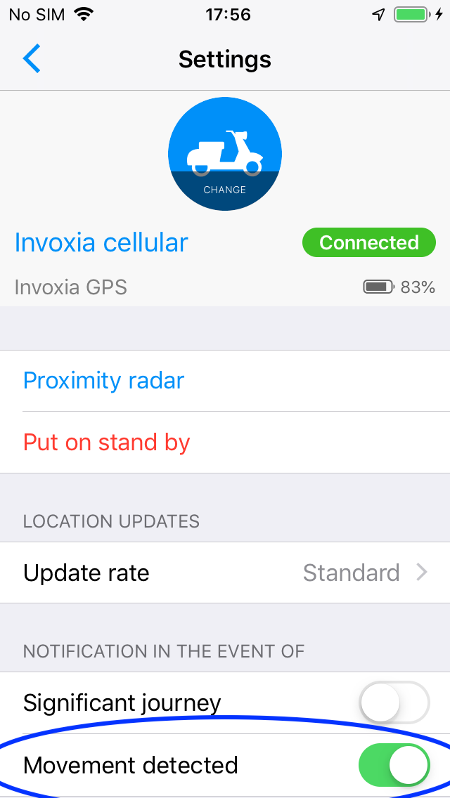 App Invoxia GPS - Option Diebstahlalarm (iOS)