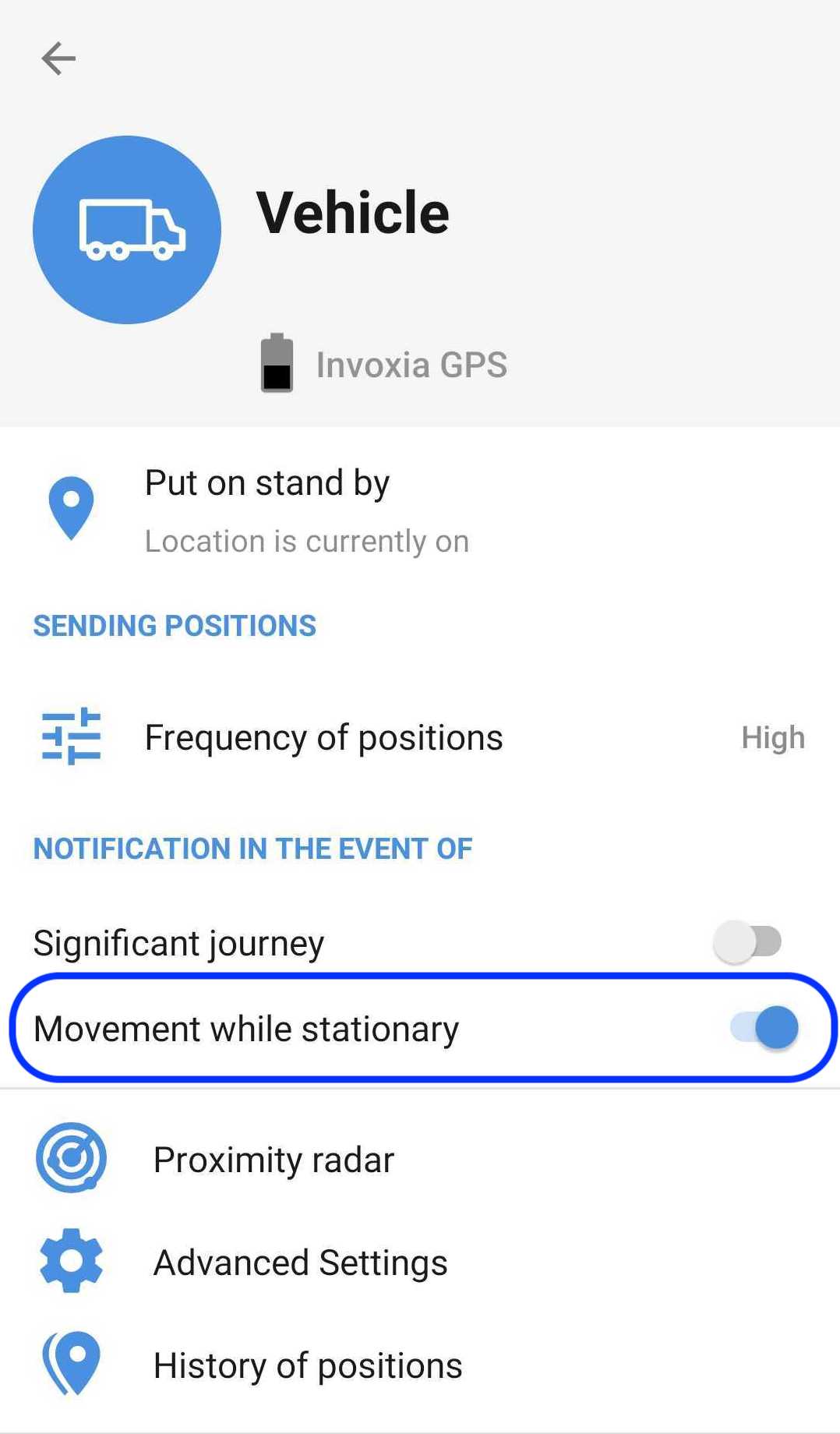 App Invoxia GPS - Option Diebstahlalarm (Android)